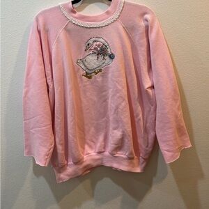 Vintage Handmade Cross-Stitch Duck Sweatshirt – Pink Lace Trim – Cottagecore